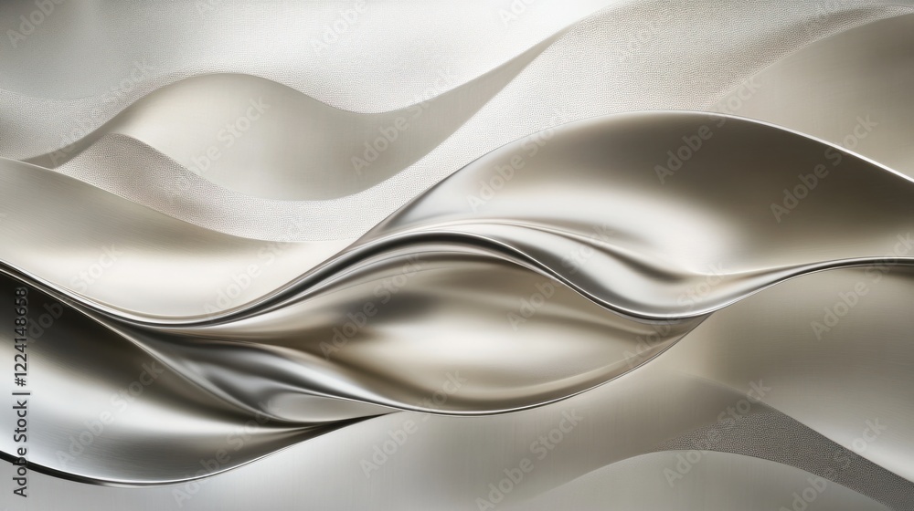 Poster a futuristic abstract metal curve design with fluid silver waves and soft reflections, creating dept