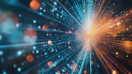 Fototapeta premium Vibrant Radial Colored Rays Emanating from Central Point. Dynamic and Energetic Visual Display Against Softly Blurred Backdrop in Mesmerizing Abstract Technology Background