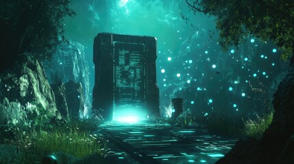 A surreal sci-fi environment featuring floating code and a glowing gateway to a digital realm, representing the future of technology and virtual worlds