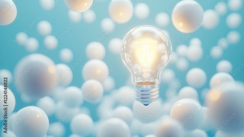 Poster a symbolic glowing light bulb in the center of floating white spheres on a light blue background, re