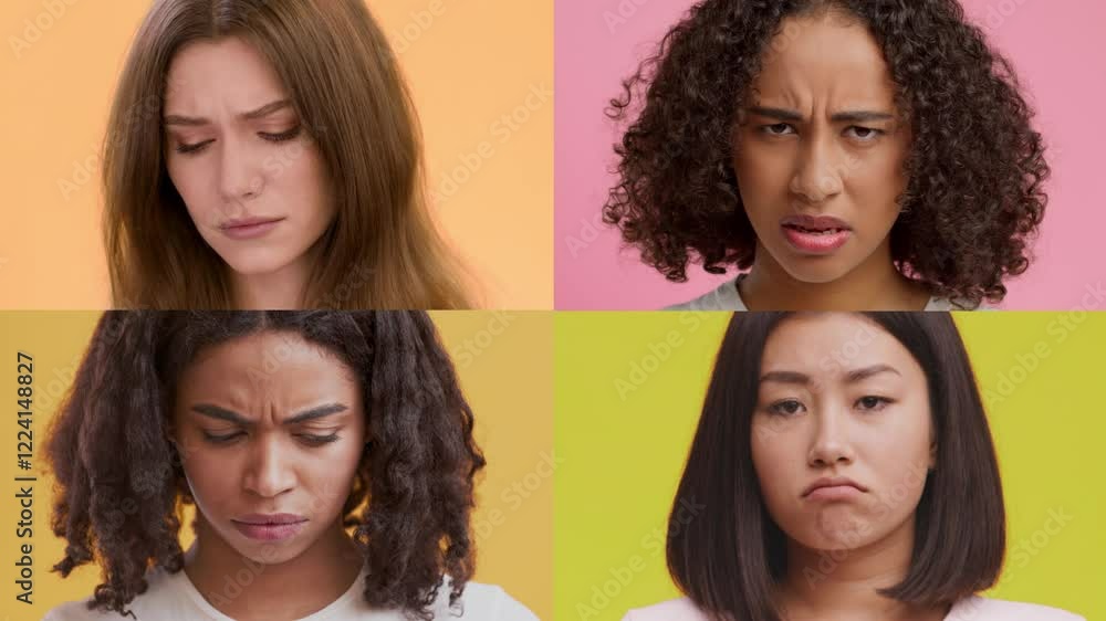 Poster four individuals showcase distinct emotions against vibrant backgrounds, highlighting diversity. the