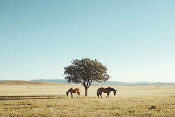 Two horses grazing peacefully under a solitary tree in a vast open field with a clear blue sky