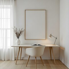Fototapeta premium A minimalist interior scene featuring a light-colored room with a large blank wall frame. There is a sleek, modern desk with a small vase containing a decorative plant.