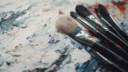 Obraz premium art palette with paint and brushes on white background