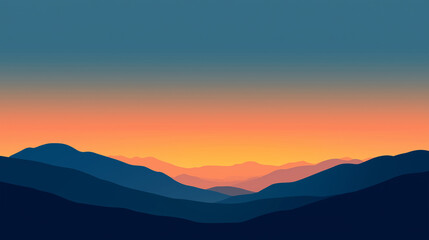  A breathtaking view of majestic mountain ranges at dawn, featuring a gradient sky transitioning from deep blue to vibrant orange.