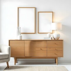 This is a modern interior scene featuring a smooth, curved wooden sideboard. Decorative items on the sideboard include a white sculpture and a modern faucet.