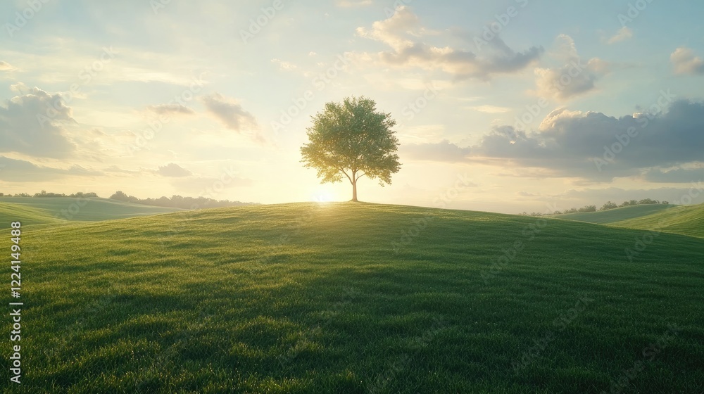 Poster a tranquil green field with a tree standing in the middle, bathed in the soft glow of sunlight, crea