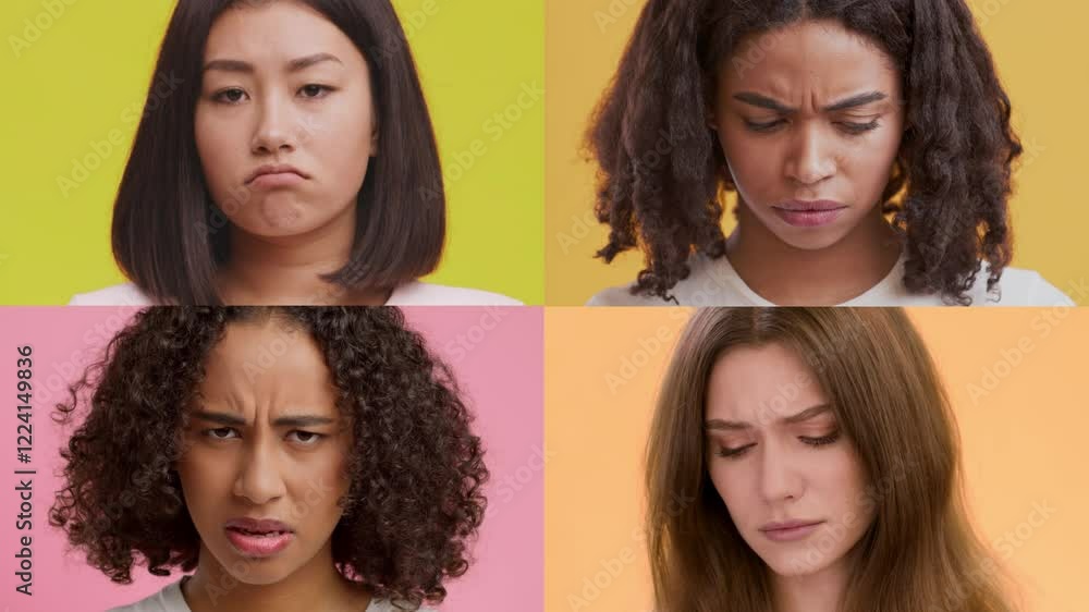 Poster This collection showcases four multiracial individuals displaying a range of emotions against colorful backgrounds. Each person conveys unique feelings through their facial expressions.