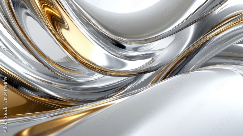 Poster a minimalist 3d rendering of metallic curves in silver and gold, with reflective surfaces and dynami