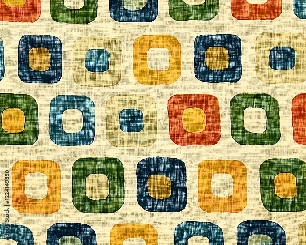 Poster colorful square pattern on textured fabric background.