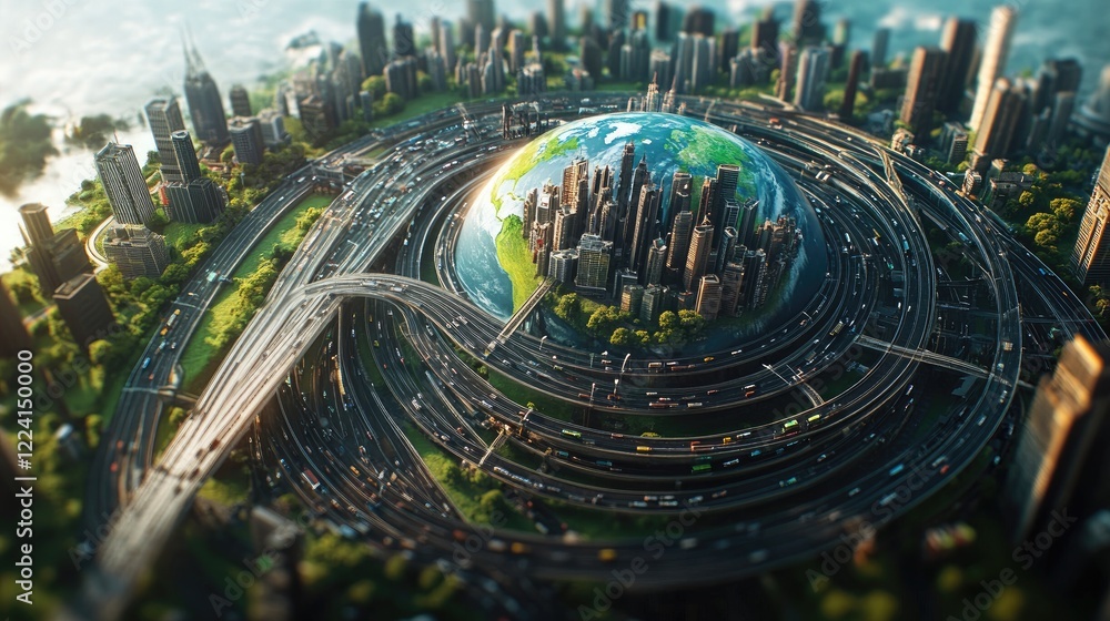 Poster a vibrant 3d image of the earth globe with a complex highway system, surrounded by bustling cityscap