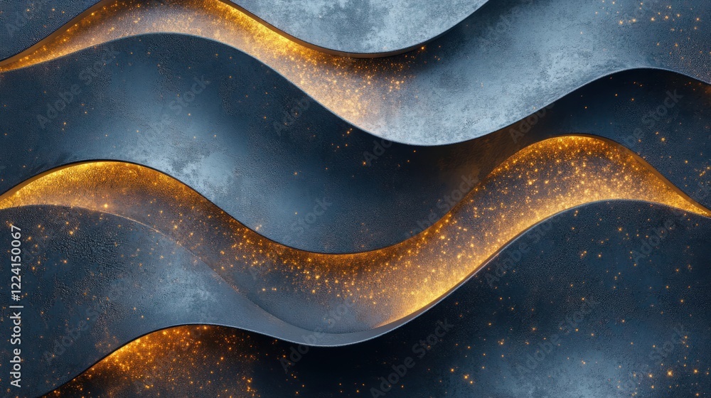 Poster a modern abstract metal wave design rendered in 3d with glossy textures and glowing highlights, crea