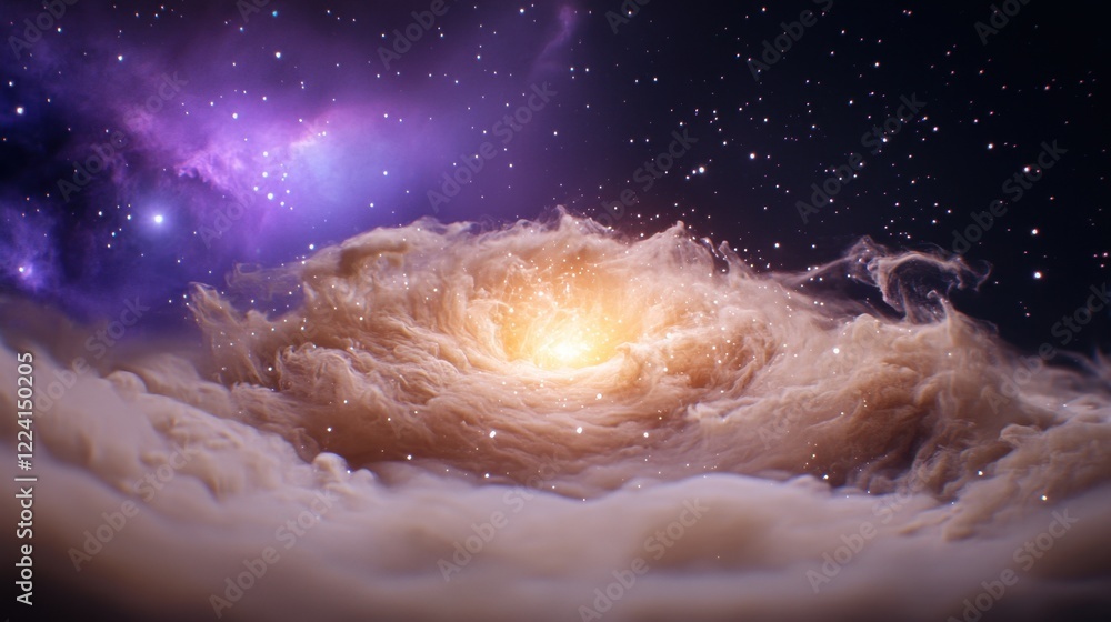 Poster cosmic nebula with swirling clouds and bright light in deep space background