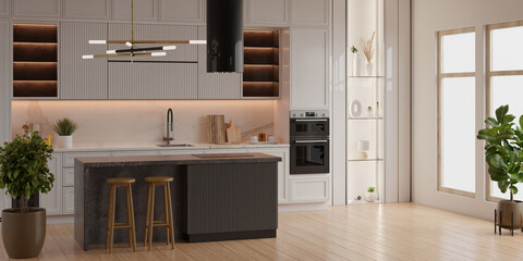 Minimalist kitchen room interior design with white tone room- 3D rendering