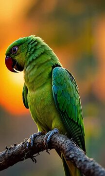 Green Parrot Eating Seeds at Sunset. Generative ai