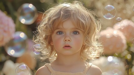 Toddler playing with bubbles in garden