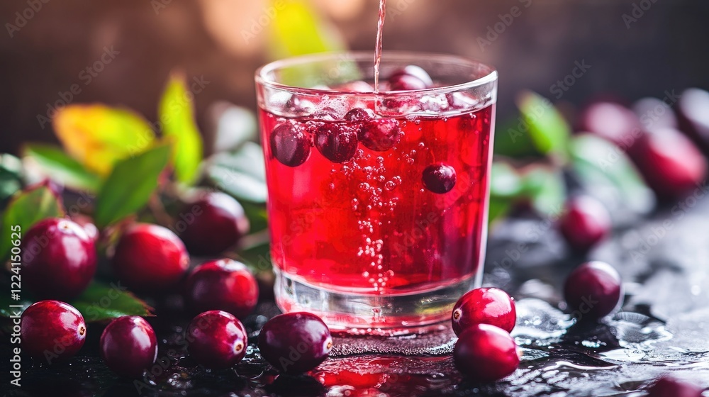 Poster a vibrant red cranberry syrup stream mixing with water in a glass, highlighting the dynamic flow and