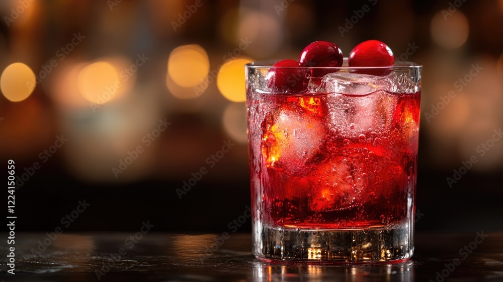 Poster a vibrant red cranberry syrup stream mixing with water in a glass, highlighting the dynamic flow and