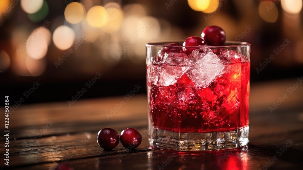 Poster a vibrant red cranberry syrup stream mixing with water in a glass, highlighting the dynamic flow and