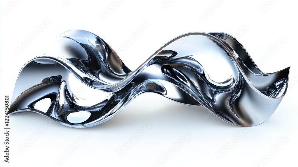 Poster a sleek metallic ribbon design rendered in 3d with reflective textures and overlapping layers, on a 