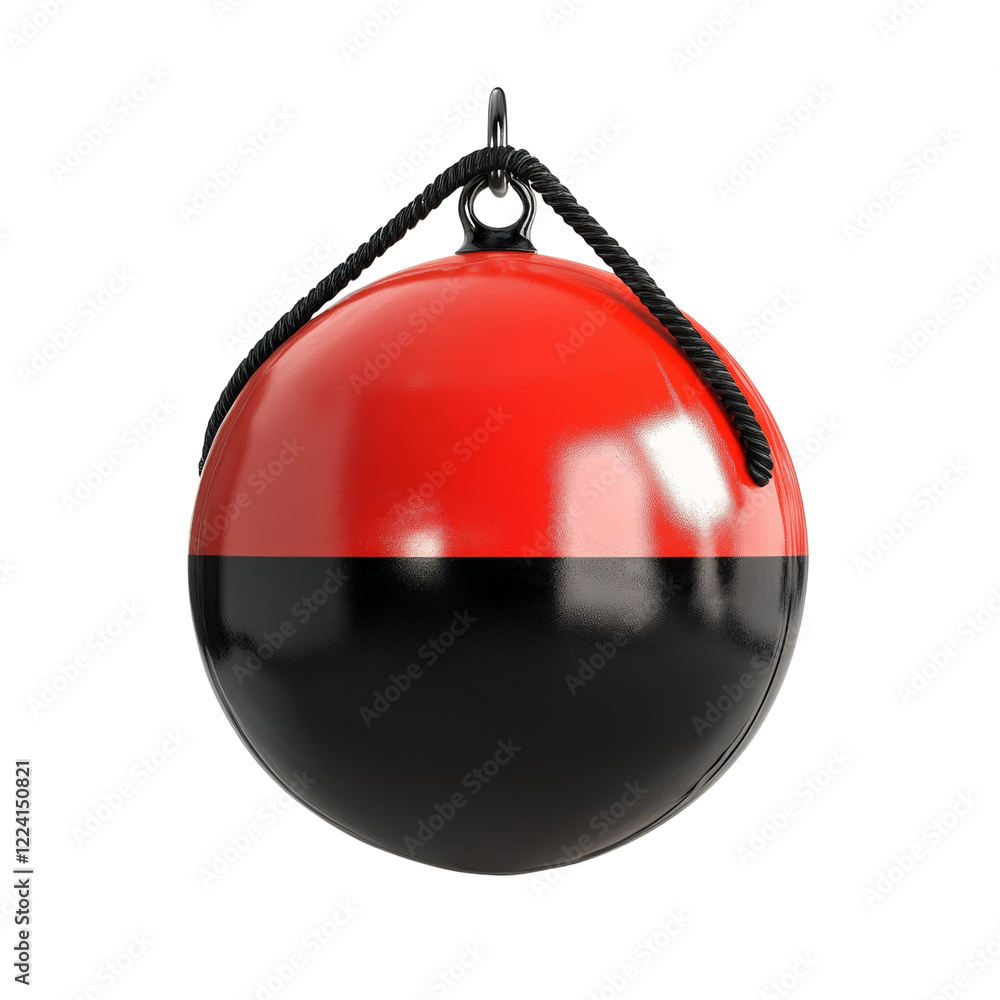 Poster a red and black sphere hangs from a dark rope against a black background it is a simple yet striking