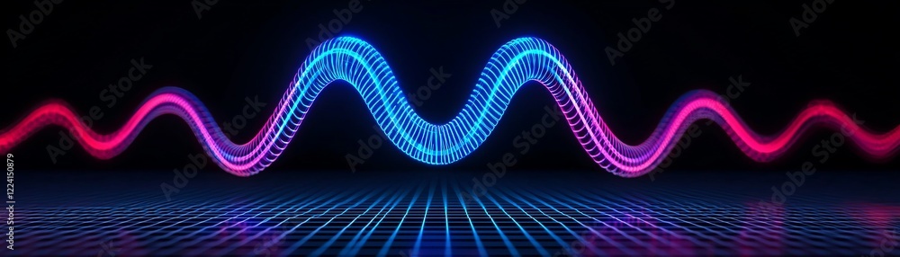 Poster a vibrant digital wave form in blue and pink, pulsing rhythmically against a dark background, repres