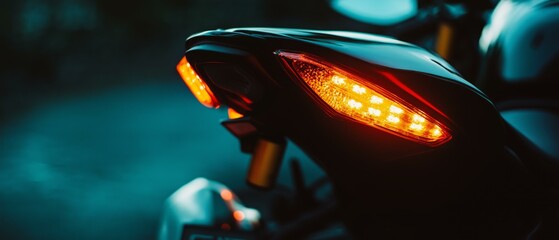 Close-up of Illuminated Motorcycle Taillight: Amber LED Lights, Dark Background, Night Photography