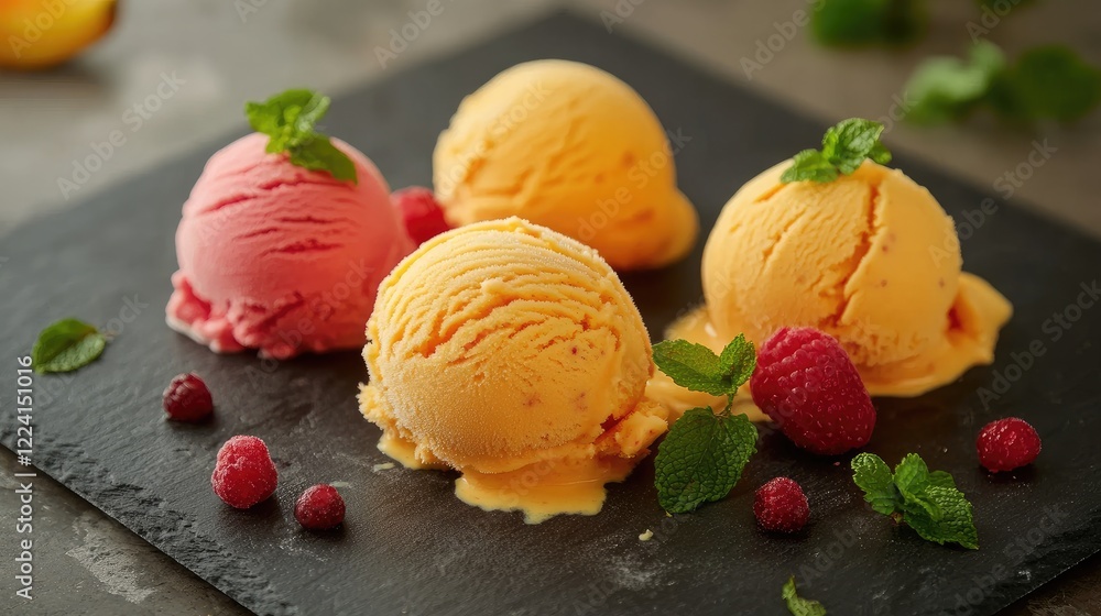 Poster a visually stunning display of vibrant fruit-based ice cream scoops on a slate board, garnished with