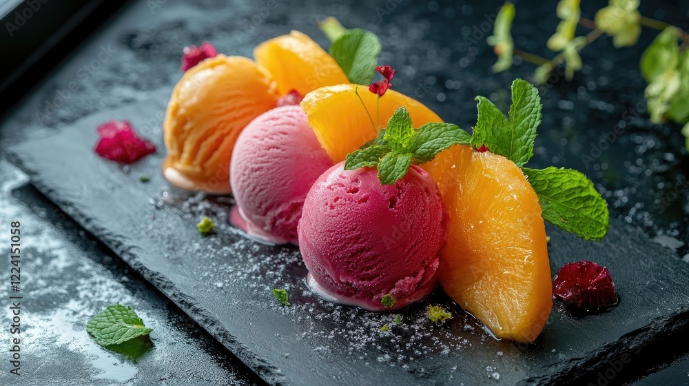 Poster a visually stunning display of vibrant fruit-based ice cream scoops on a slate board, garnished with