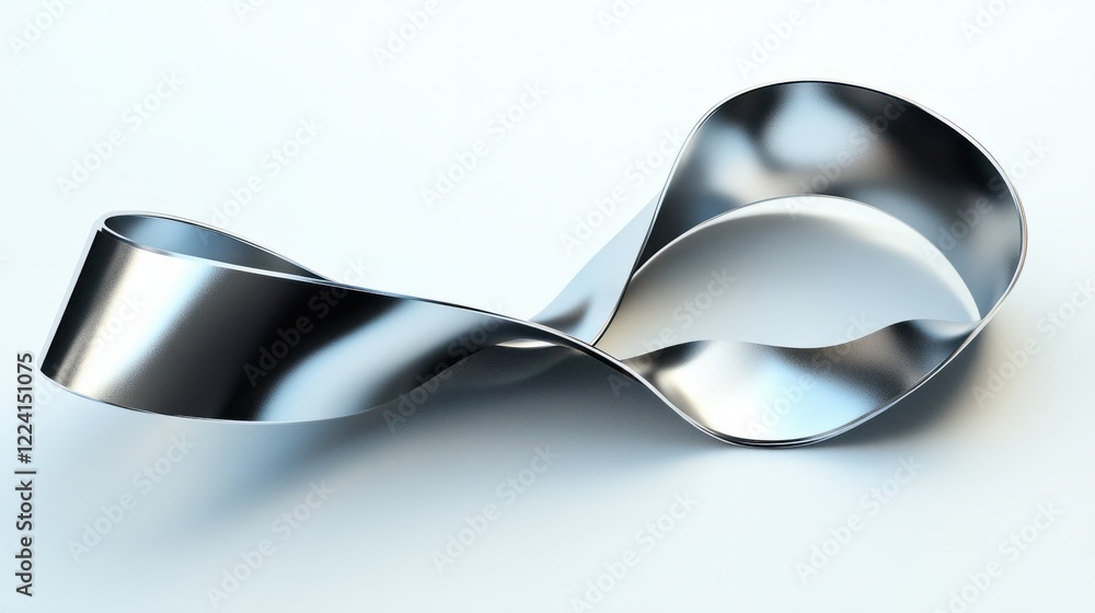 Poster a sleek metallic ribbon design rendered in 3d with reflective textures and overlapping layers, on a 