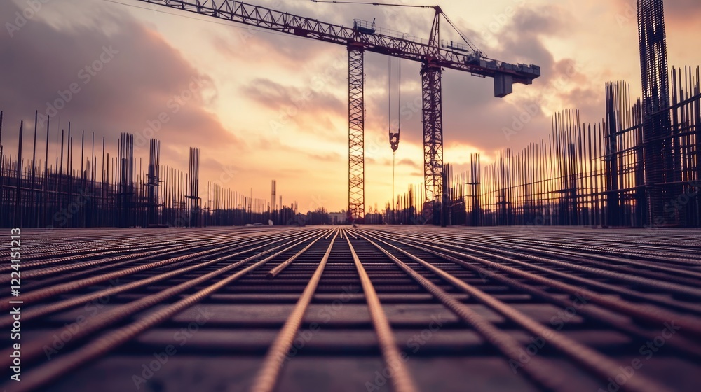 Poster a wide-angle perspective of metal bars converging toward a crane in the distance, with a dusky sky c