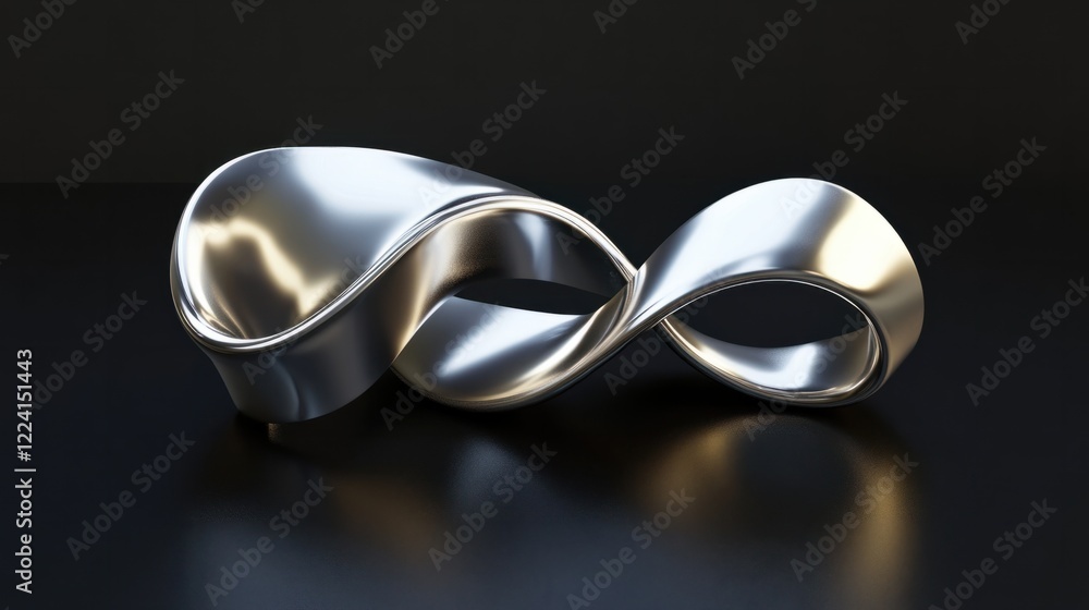 Poster abstract flowing metal curves in a 3d rendering with smooth reflective surfaces and soft glowing hig