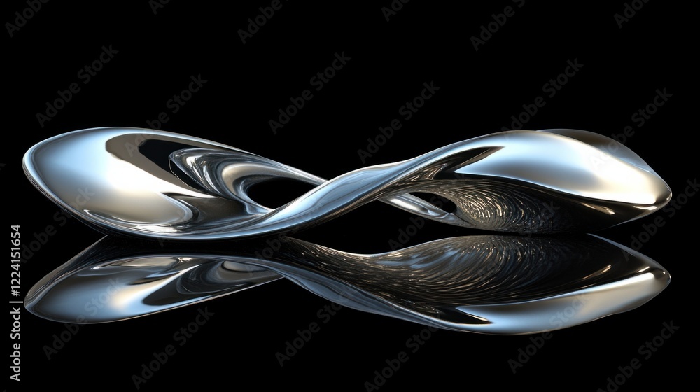 Poster abstract flowing metal curves in a 3d rendering with smooth reflective surfaces and soft glowing hig