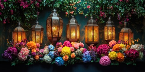 Fototapeta premium A row of colorful lanterns with flowers in between them