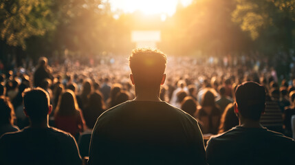 Back view of crowd at outdoor park event at sunset with warm golden lighting : Generative AI