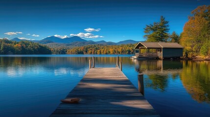 A wooden dock stretching out over calm waters, leading to a cozy boathouse with mountains in the distance, creating a serene and inviting scene