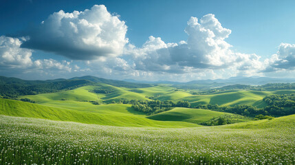Obraz premium Fluffy white clouds hovering above rolling green hills on a breezy day