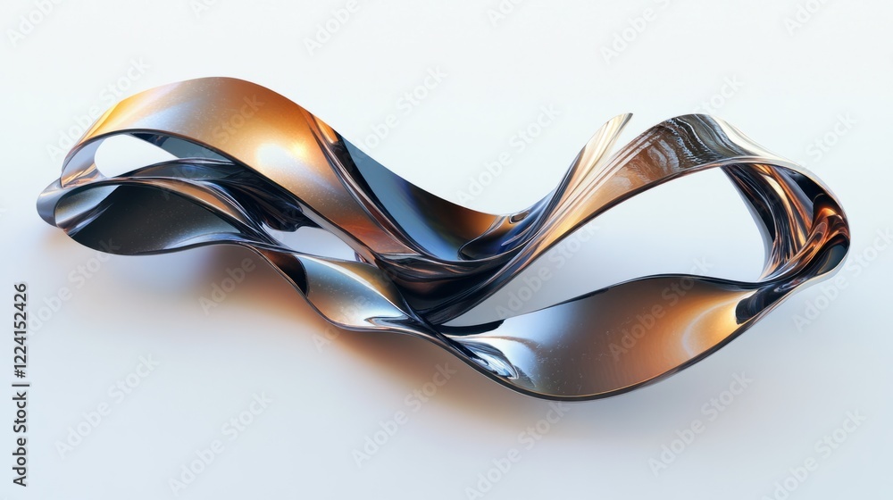 Poster abstract metal ribbons flowing in a dynamic 3d curve design with reflective textures, on a clean whi