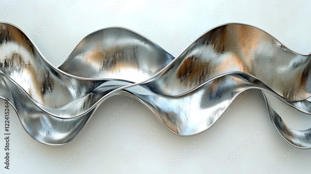 Poster abstract metal ribbons flowing in a dynamic 3d curve design with reflective textures, on a clean whi