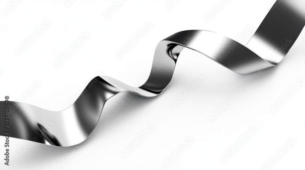 Poster abstract metal ribbons flowing in a dynamic 3d curve design with reflective textures, on a clean whi