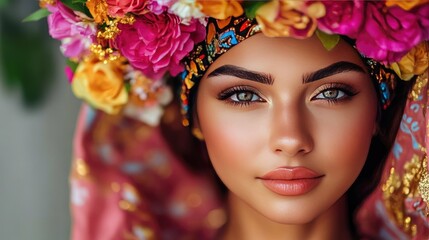 Naklejka premium A young woman in bright festival clothing, her look completed with fresh flowers and dazzling gold details, creating a stunning and festive appearance