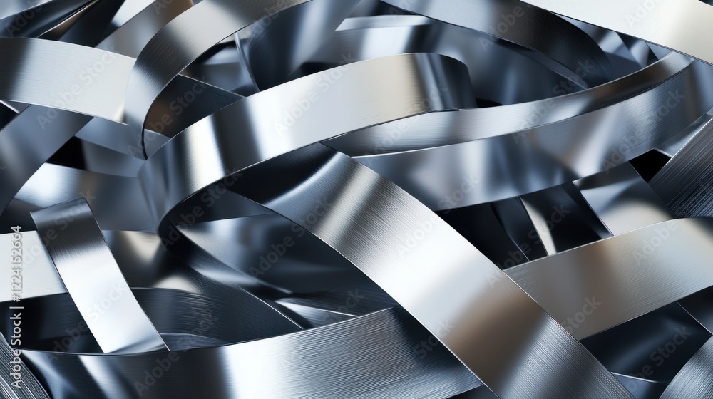 Poster abstract overlapping metal ribbons in a 3d rendering with polished chrome and matte silver textures,