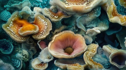 A Stunning Closeup of Vibrant Mushrooms Clustered Together in a Rich Teal and Orange Hue