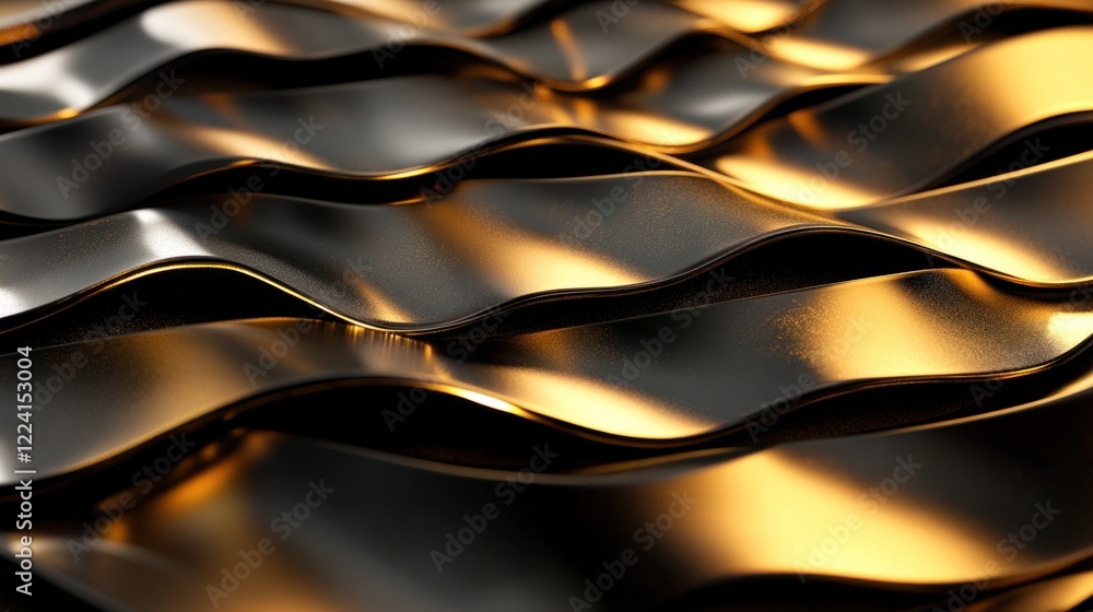 Poster abstract overlapping metal waves with reflective textures, rendered in a glossy 3d style, isolated o
