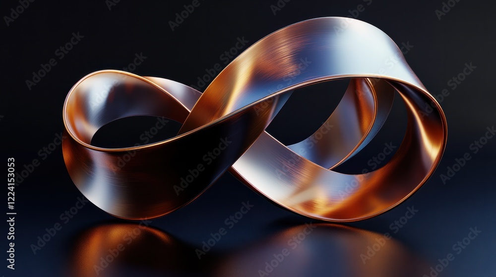 Aufkleber abstract twisted metal curves rendered in a smooth 3d style with a reflective surface, on a dark bac