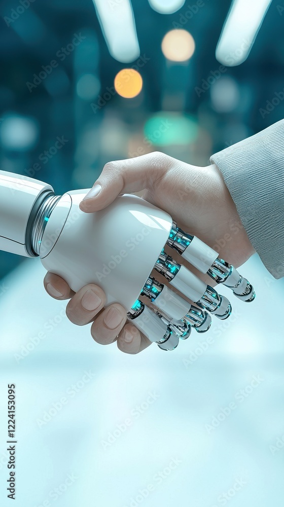 Poster futuristic handshake between human and robot at robotics lab close-up of prototypes in tech environm