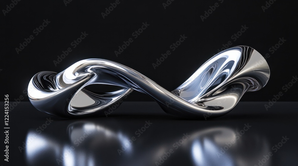 Poster abstract twisted metal curves rendered in a smooth 3d style with a reflective surface, on a dark bac