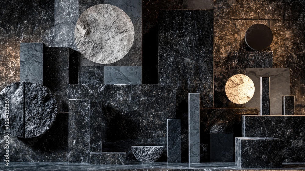 Poster abstract composition of black geometric stone shapes with intricate textures, illuminated by dynamic