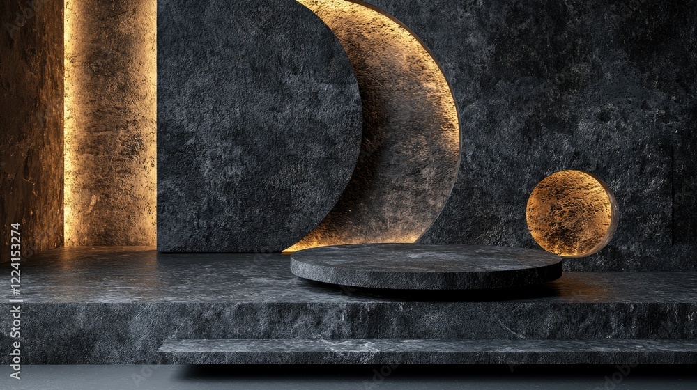 Poster abstract composition of black geometric stone shapes with intricate textures, illuminated by dynamic