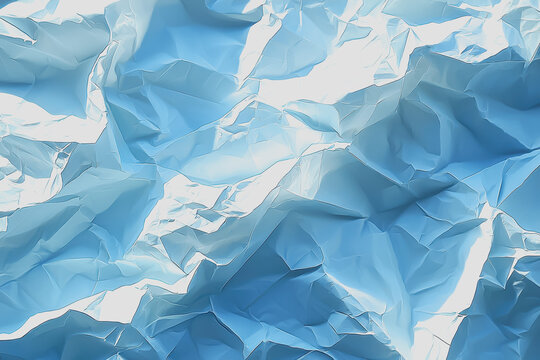 Crumpled paper texture on a blue background creating an abstract visual representation with multiple folds and wrinkles for artistic or design purposes